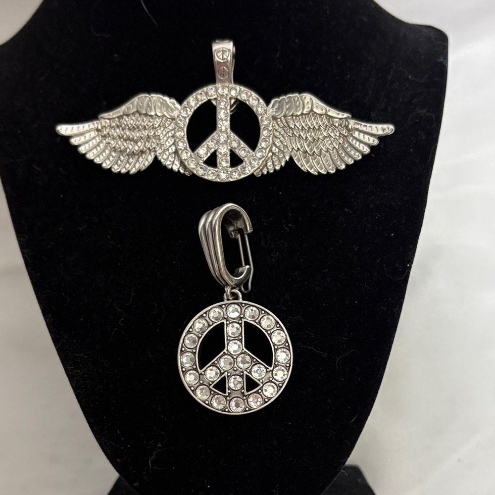 Source Unknown Silver Peace Sign Wing Pendant and Round Peace Sign Pendant